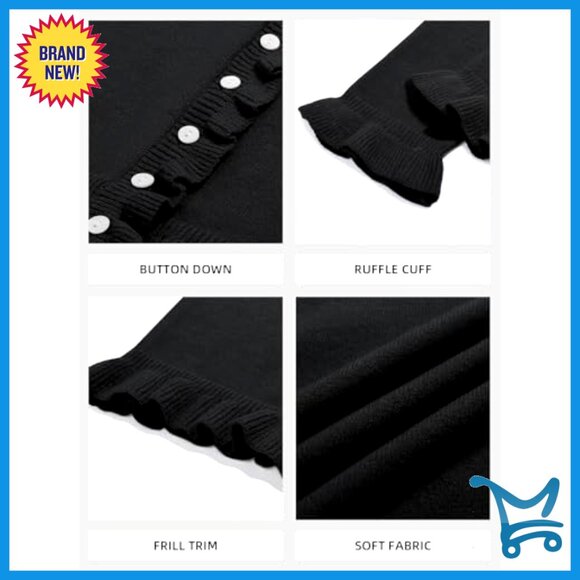 Cropped Cardigan Sweater Long Sleeve Ruffle Crew Neck Button Up Soft Knit - Picture 5 of 7